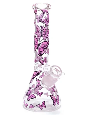 Pink Butterfly 10 Inch Beaker Glass Bong