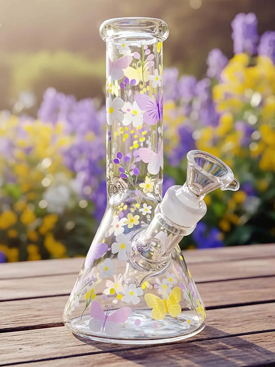 8-Inch Daisy & Butterfly Beaker Glass Bong | Pastel Garden