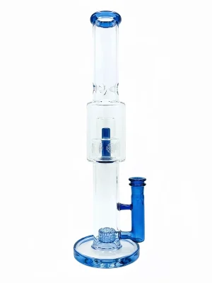 15.5-Inch Blue Seed of Life Double Perc Stemless Glass Bong