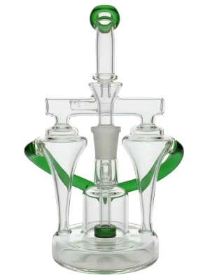 8 Inch Double-Barreled Green Recycler Glass Bong with Showerhead Perc