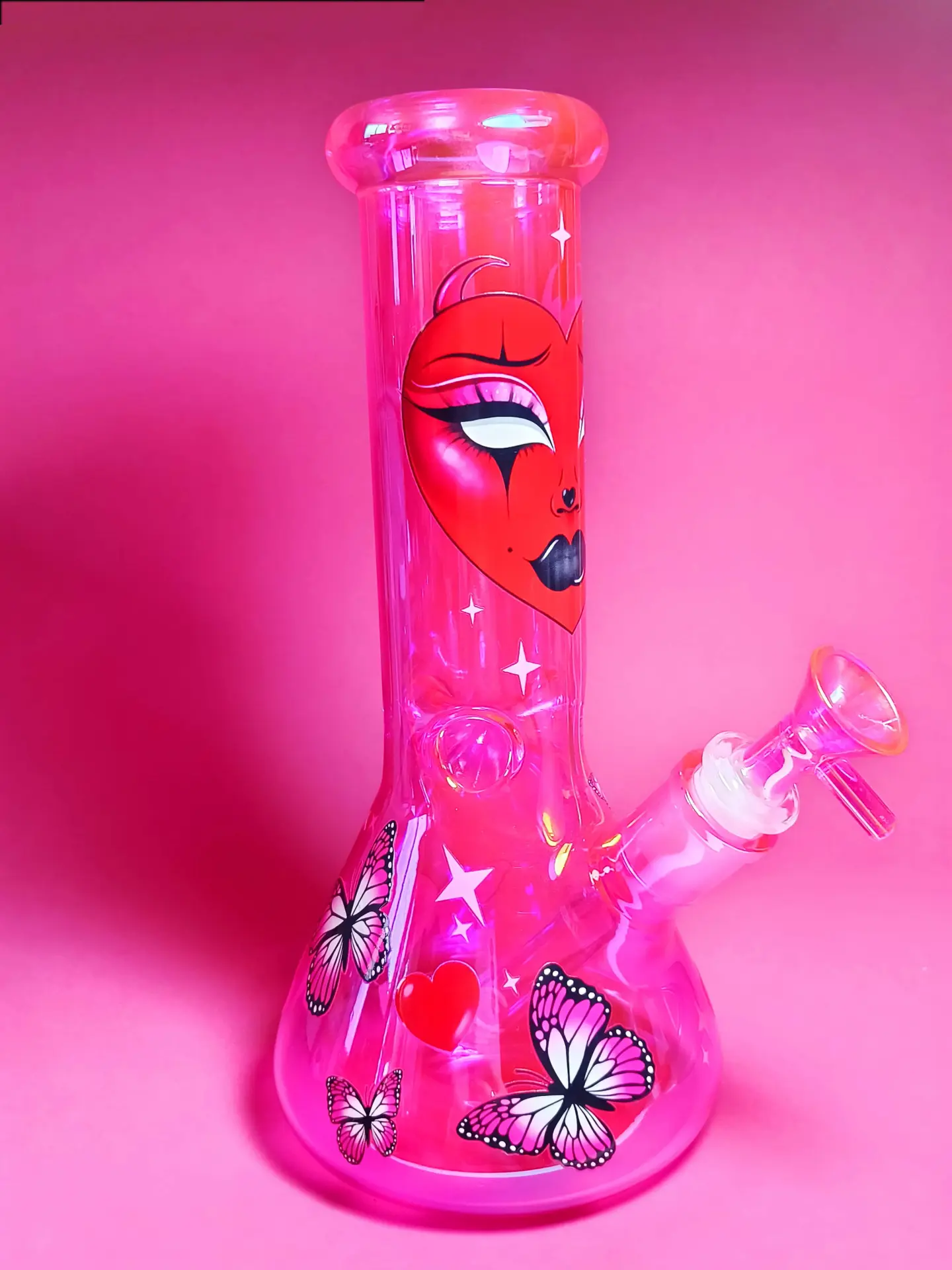 Hot Pink Iridescent Beaker Bong with Goth Face and Butterfly Accents - Image 4