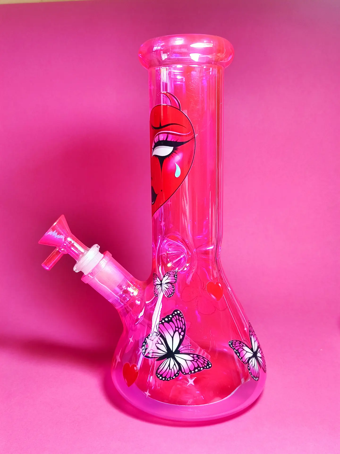 Hot Pink Iridescent Beaker Bong with Goth Face and Butterfly Accents - Image 5