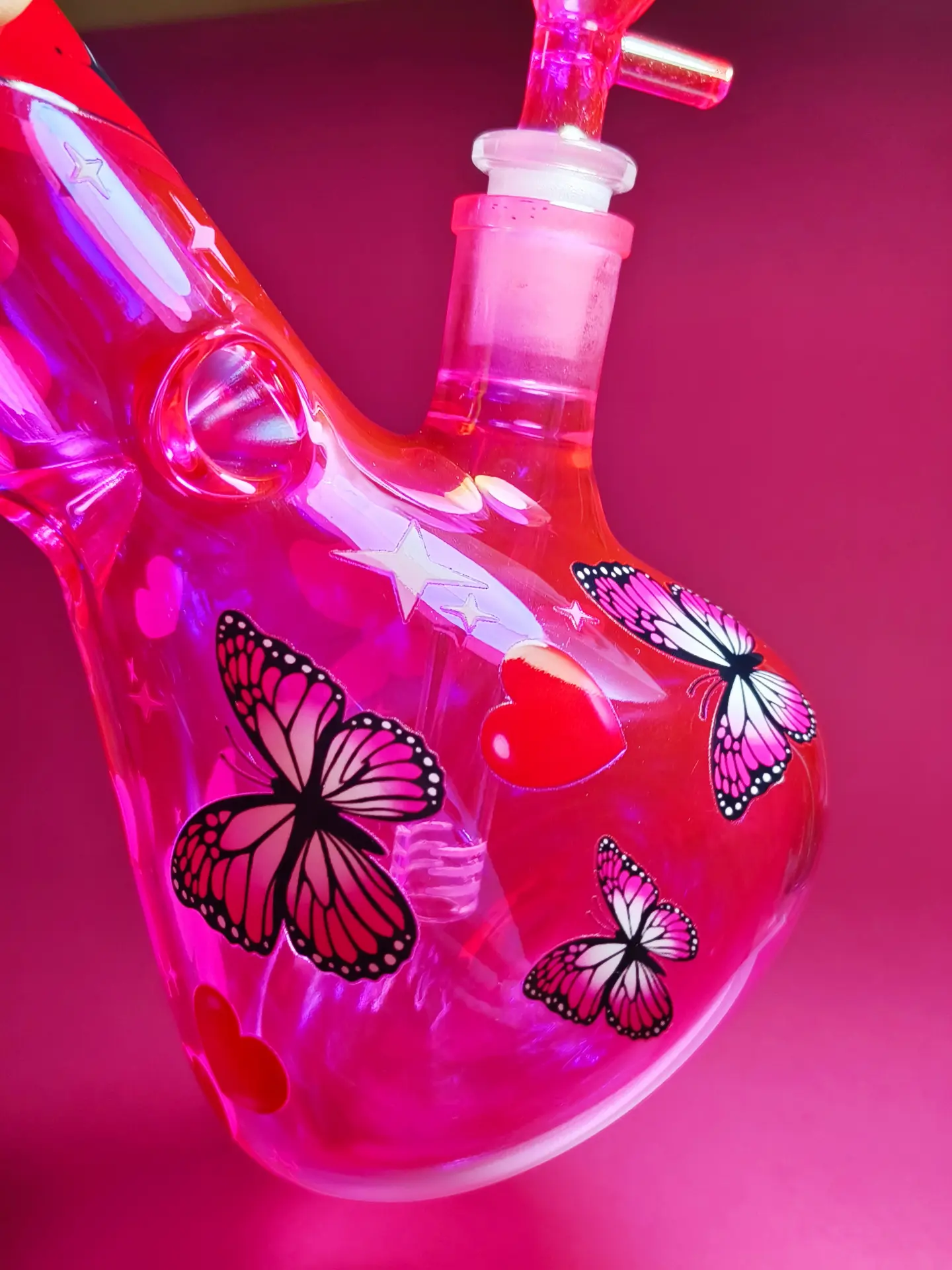 Hot Pink Iridescent Beaker Bong with Goth Face and Butterfly Accents - Image 3
