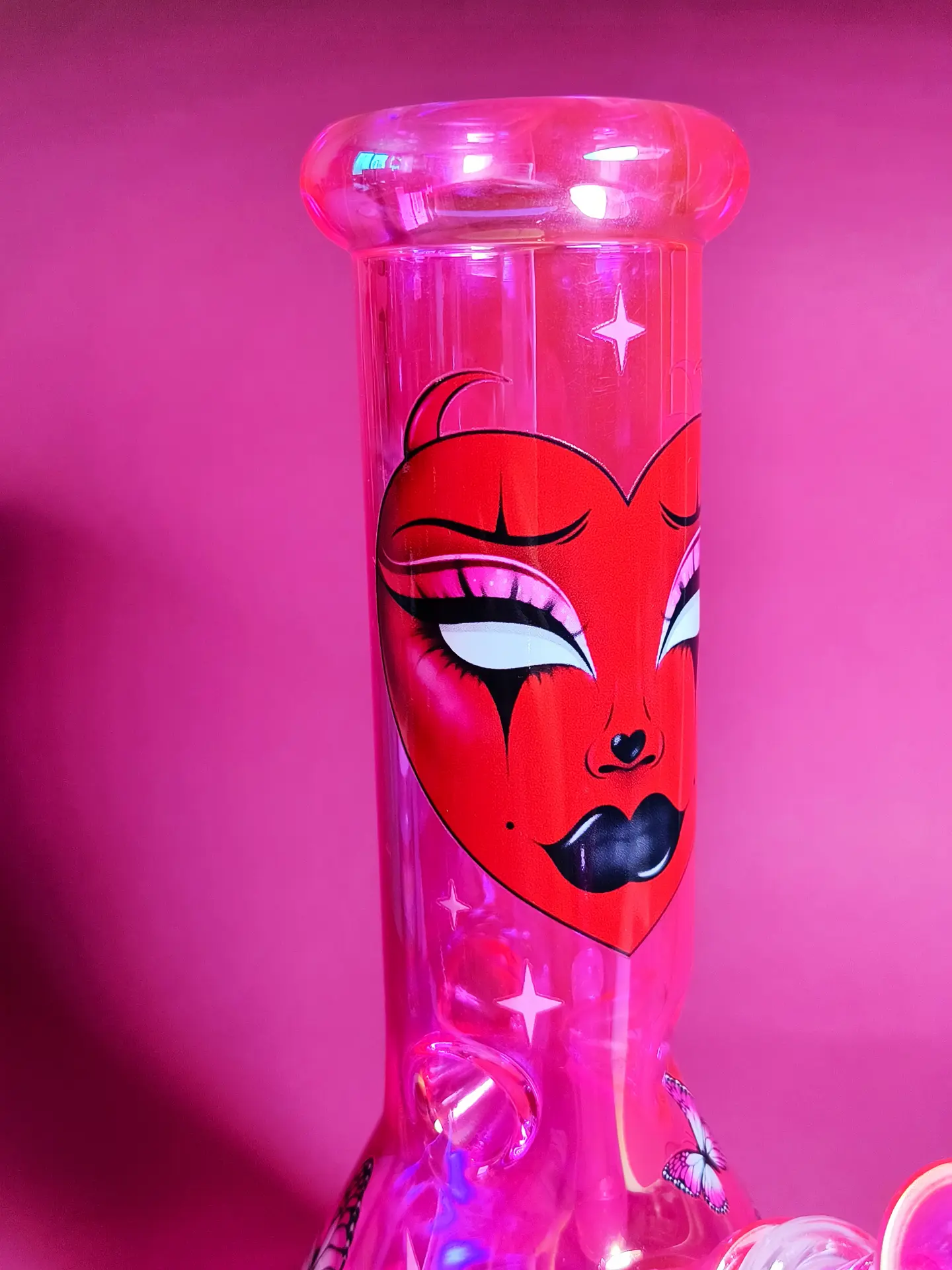 Hot Pink Iridescent Beaker Bong with Goth Face and Butterfly Accents - Image 2