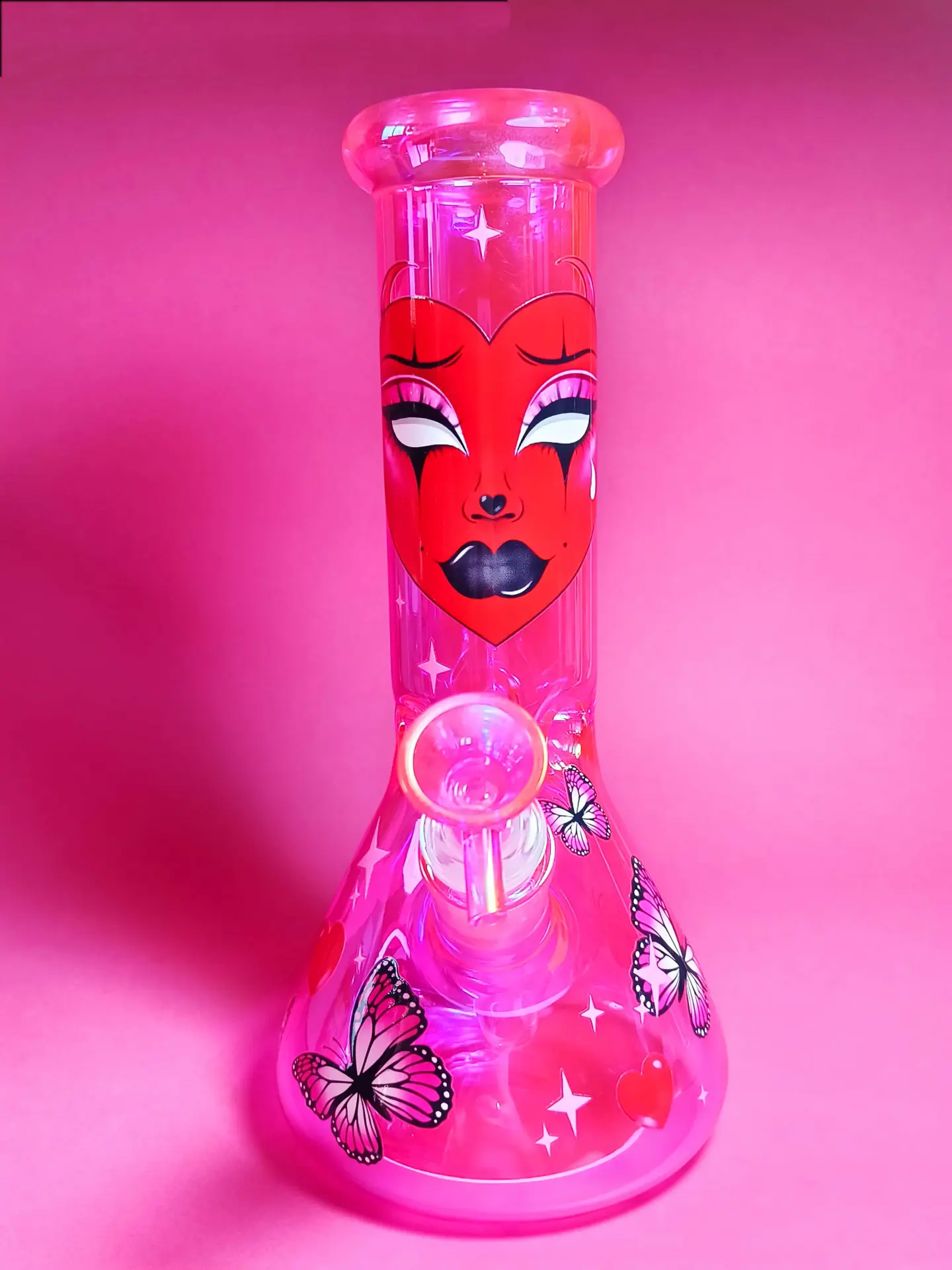 Hot Pink Iridescent Beaker Bong with Goth Face and Butterfly Accents