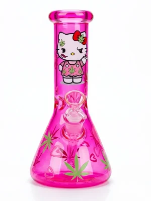 10 Inch Hot Pink Iridescent Leaf Hello Kitty Borosilicate Glass Bong