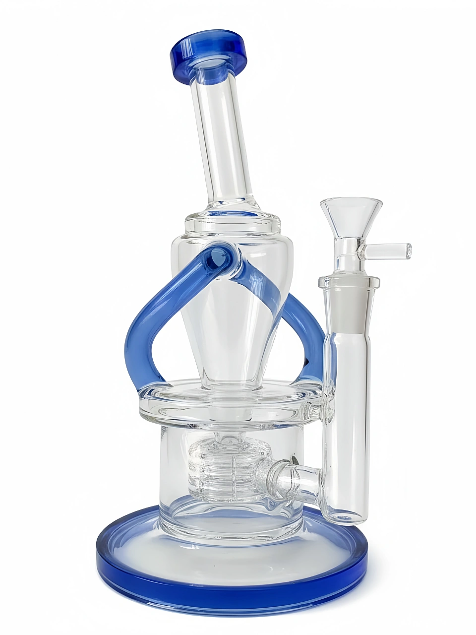 9.5-Inch Blue Matrix Recycler Glass Bong with Bent Neck and Fixed Downstem