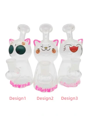 Hand-Painted Cat Expression Borosilicate Glass Bubbler Bong 5.5in