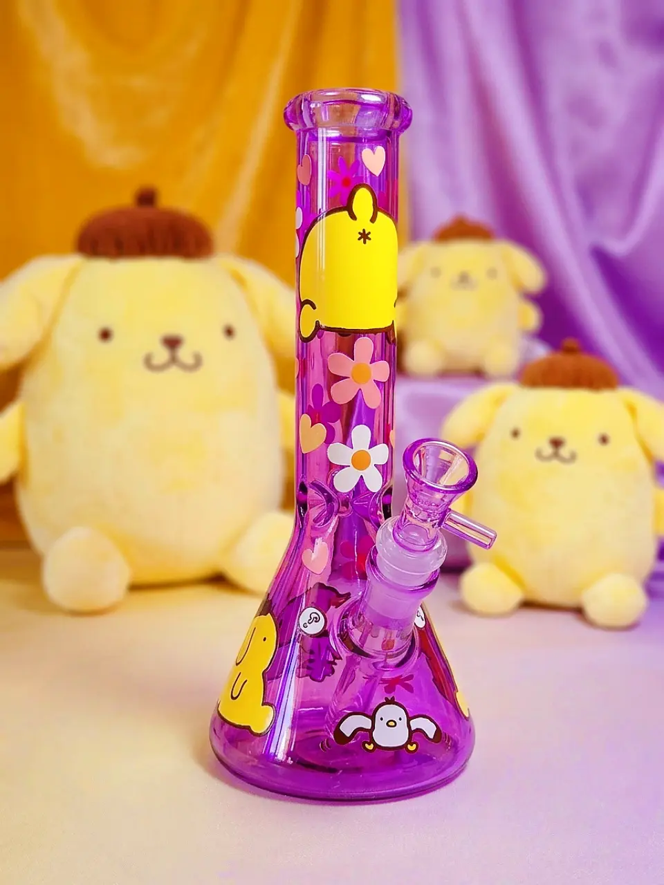 10" Pompompurin Peachy Mood Purple Borosilicate Glass Beaker Bong - Image 5
