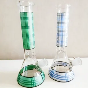 10-Inch Plaid Beaker Bong with Green & Blue Glass Design