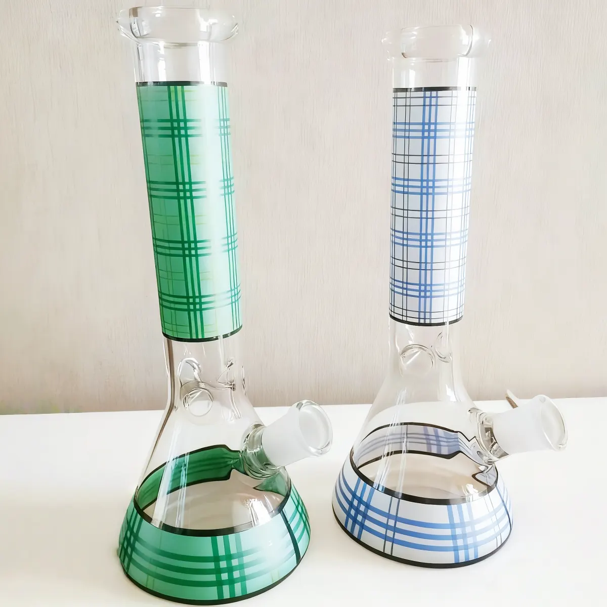 10-Inch Plaid Beaker Bong with Green & Blue Glass Design