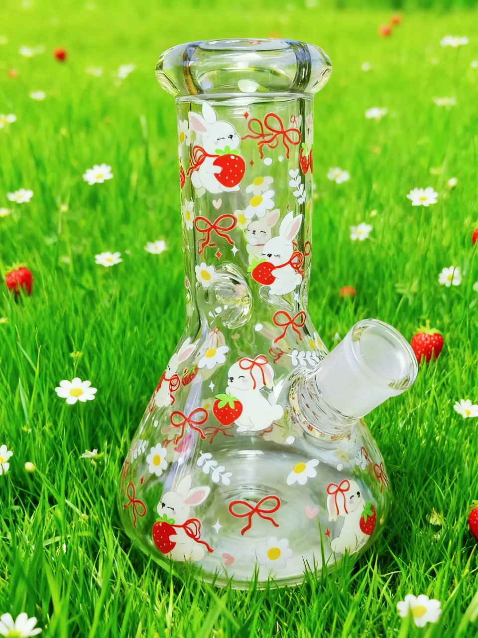 Strawberry Bunny Kawaii Beaker Glass Bong, 8 Inch, 5mm Borosilicate - Image 2